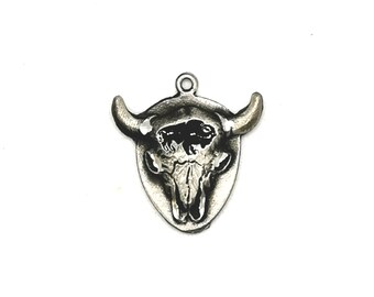 1 Pcs - Breloque Tête de buffle ciselée - médaille métal argenté vieilli 2.5 x 2.4 cm ( sans nickel)