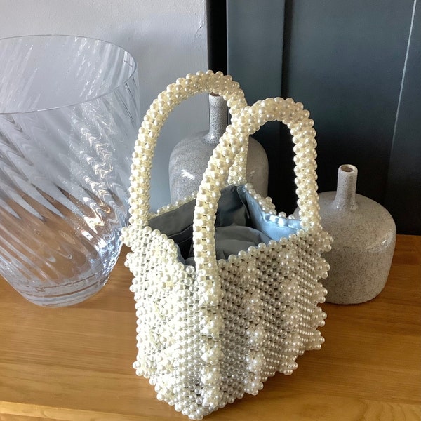 Pearl beaded tote bag Handmade pearl by pearl Luxe pearl handbag Faux pearl bag Bridal Guest weddings special occasions Small sized