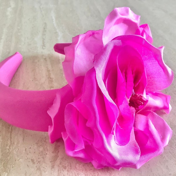 HOT  pink  Side flower mount padded Embellished headband Party weddings races Comfortable Headband