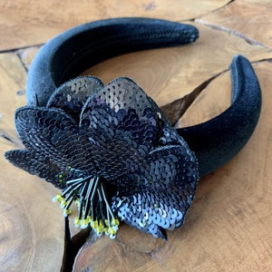 Stunning Black sequin flower  crystal   Padded Halo headband Comfortable Headband does not press