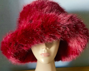 Beautiful Burgundy Oversized FAUX FUR  Bucket  hat Panama hat Suits Bigger Heads  on Trend  Fuzzy hat Plush hat  Adjustable