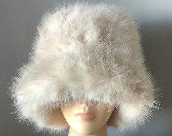 Beige  FAUX Fur Oversized   Bucket hat  Medium/Large fit winter Autumn on Trend  fluffy Fuzzy hat Plush hat  adjustable