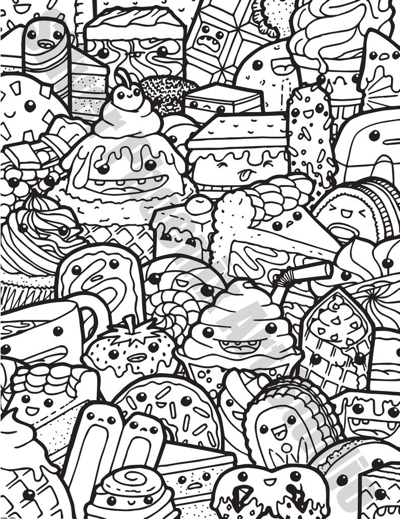 Kawaii Sweets Doodle Adult Coloring Page Printable Digital | Etsy