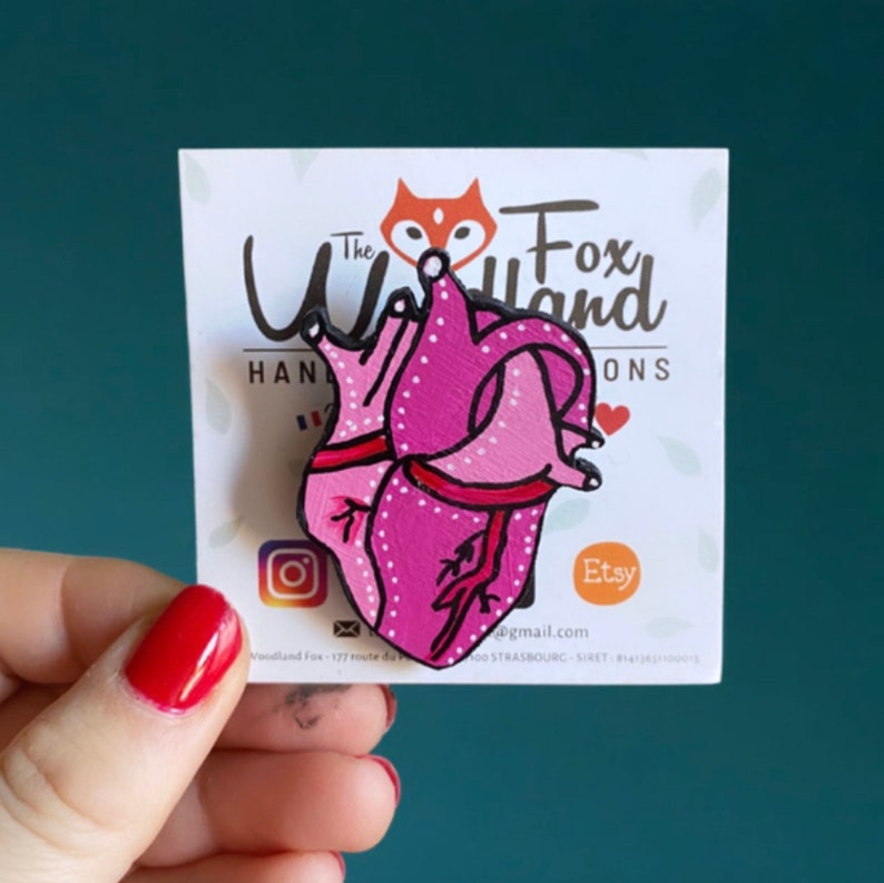 Wooden 'Anatomical Heart' brooch hand-cut and painted image 1