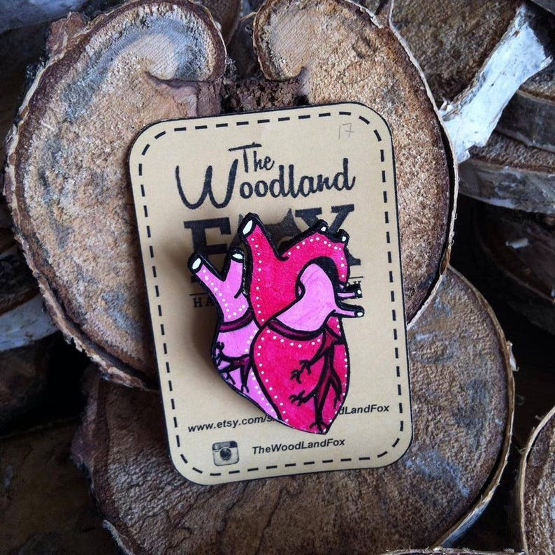 Wooden 'Anatomical Heart' brooch hand-cut and painted image 3