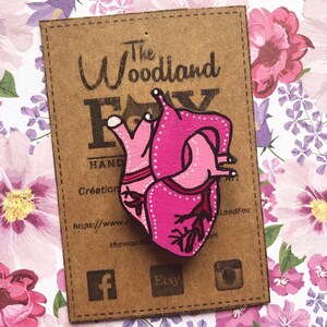 Wooden 'Anatomical Heart' brooch hand-cut and painted image 2