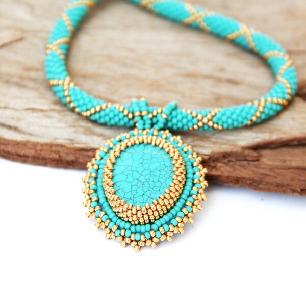 CHRISTMAS SALE  Beadwork Turquoise bead crochett necklace  OOAK