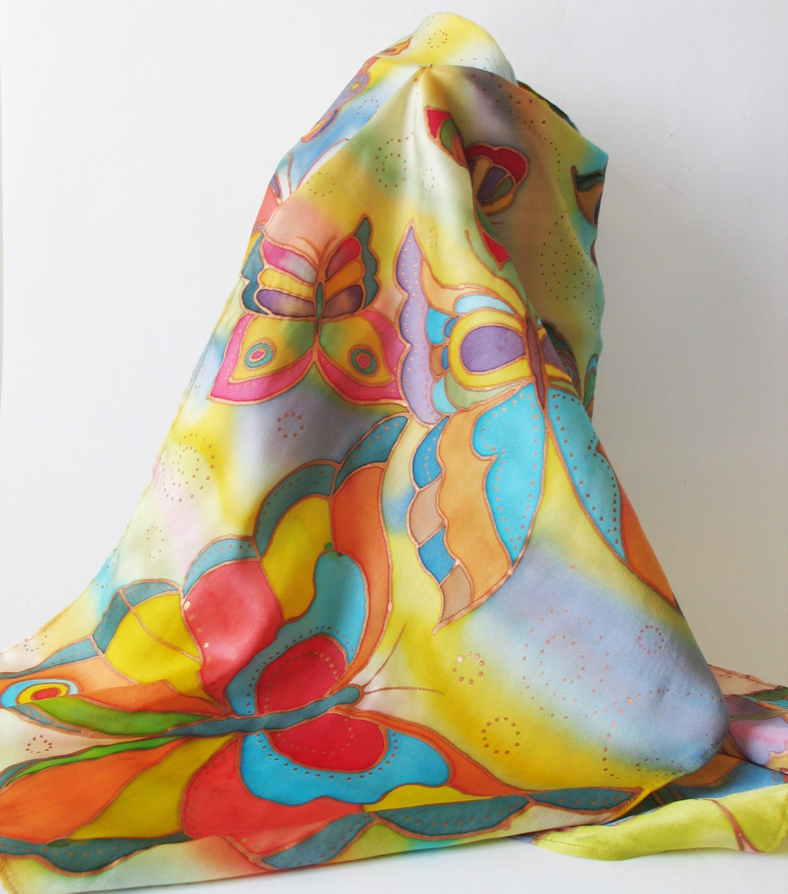 Silk scarf hand painted Batik. Summer butterflies. Etsy