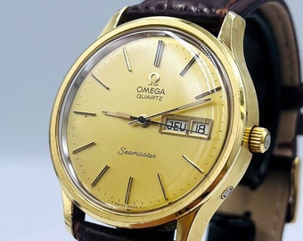 Vintage Omega Seamaster Quartz Cal.1345 Day Date Men's Watch in Gold Plaque Case Swiss 1970s original perfect working serviced