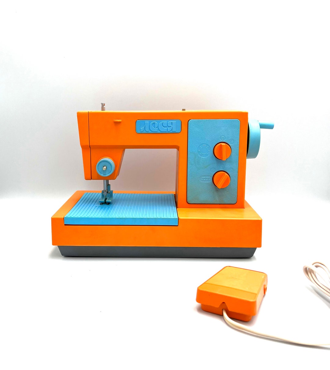 Working 1970s Toy Sewing Machine Vintage Near Mint Orange Light Blue