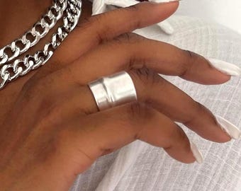 Extra Long Antique Silver Band Ring• Wide Adjustable Chunky Geometric Ring• Stackable Irregular Undulating Design Ring• AnAngelsHug Jewelry