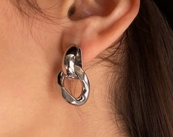 Chunky link earrings, modern dangle earrings, silver shiny drop earrings, Cuban link earrings, statement curb chain earrings, woman's gift