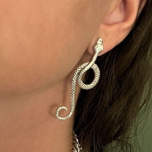 Long Antique Silver Statement Snake Earrings• Bold Snake Stud Earrings• Rock Style Earrings by AnAngelsHug• Girlfriends Birthday Gift Idea