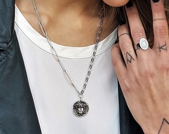Ancient Greek Medusa Coin Pendant Necklace• Snakehead Pendant• Mixed Chains Oxidized Silver Coin Necklace• Greek Gorgon Coin by AnAngelsHug
