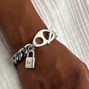 Oversized miami cuban link womens locket bracelet, chunky love padlock charm bracelet, dark silver curb chain statement bracelet, gift idea