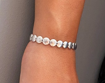 Womens silver beads stretchy bracelet, silver disks elastic bracelet, silver unisex bracelet, silver metal beads stretchy cuff, gift for her