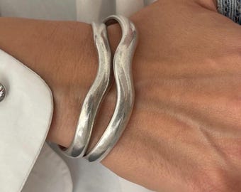 Wavy Antique Silver Open Cuff Bracelet• Sturdy Silver Abstract
