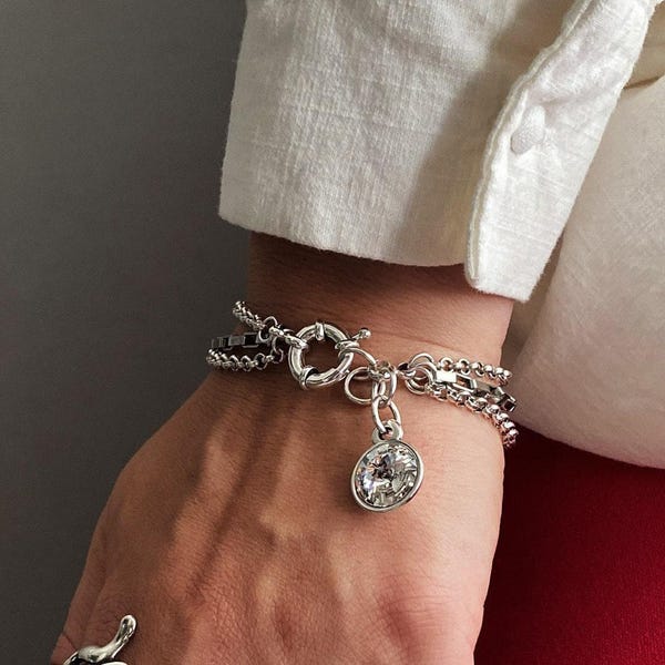 Pulseira Swarovski prateada com múltiplas correntes, pulseira ousada de três fios de cristal, pulseira feminina elegante estilo Uno de 50, presente para namoradas