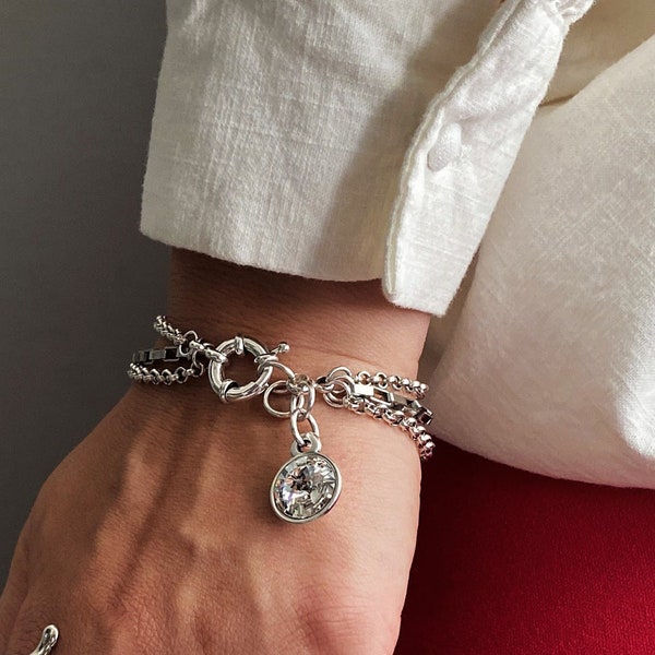 Bracelet Swarovski multi-chaînes en argent, bracelet en cristal audacieux à trois rangs, élégant bracelet en chaîne de style Uno de 50 pour femme, cadeau pour petite amie