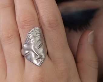 Antique silver ancient Greek face ring,  adjustable statement face ring,  abstract shaped face ring, archaeological jewelry, gift for her