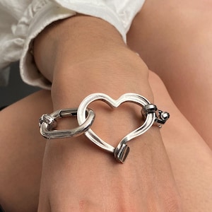 Chunky silver heart chain bracelet, Uno de 50 style box chain heart bracelet, statement carabiner clasp heart bracelet, heavy heart bracelet