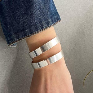Minimal Silver Stacking Shiny Open Cuff Bracelet: Unisex Flat Sturdy Bangle