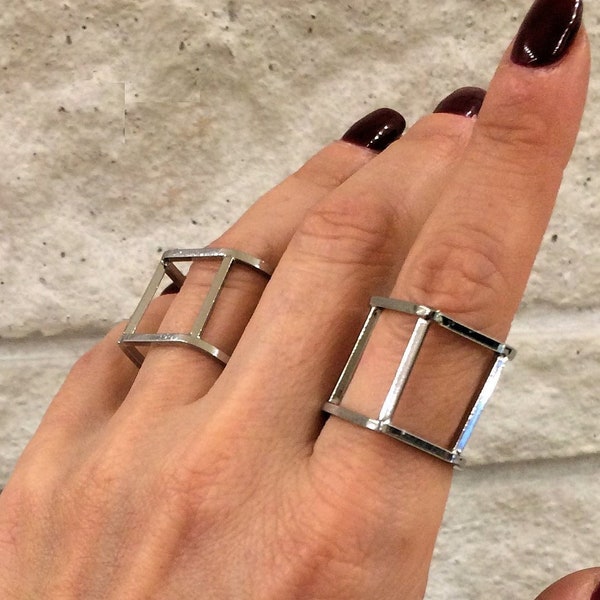 Cage silver ring, double bar ring, women's fashion ring,  ring, women's silver geometric ring, statement double band ring, girlfriend gift