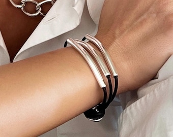 Womens triple leather silver tubes bracelet, uno de 50 style silver beads bracelet, wrap leather jewelry,  girlfriend gift, gift for her