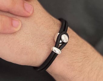 Black Leather Wrap Bracelet: Double Strand Unisex Cuff, Urban Rock Style Bracelet