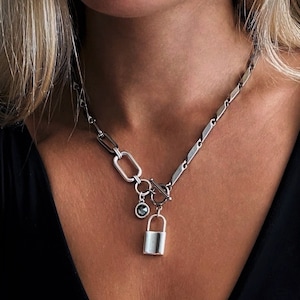 Melon seed chain PADLOCK crystal necklace, Swarovski padlock sturdy stainless steel chain choker, locket heavy chain statement pendant, gift