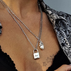 Set of two 3D heart and locket chain necklaces, womens minimal silver necklaces set, womens real heart and padlock pendants, valentines gift
