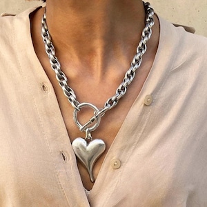 Statement Silver Chunky Hollow Heart Pendant• Stainless Steel Engraved Chain Choker• Vintage Style Heart Large Toggle Necklace• AnAngelsHug