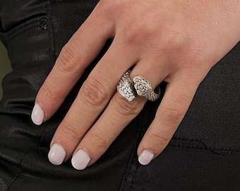 Schlangenköpfe Unisex Ring mit Gravur, verstellbar, oxidiert Silber