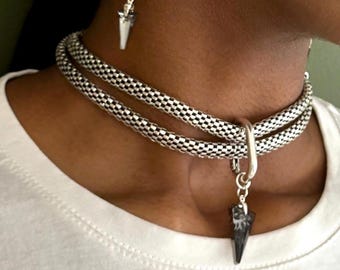 Silver Multi-Wear Snake Wrap Chain with Swarovski Crystal and Carabiner Charm: Versatile Chain with Magnetic Clasp
