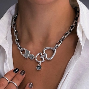 Massive box chain Swarovski padlock necklace, luxurious antique silver heart push gate necklace, bold square chain locket crystal pendant