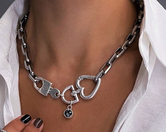 Massive box chain Swarovski padlock necklace, luxurious antique silver heart push gate necklace, bold square chain locket crystal pendant