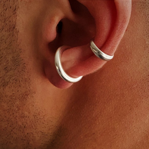 Un faux piercing pour homme, brassard unisexe épais en argent, brassard d'oreille empilable sans piercing, boucle d'oreille supérieure pour homme, cadeau petit ami