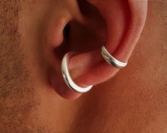 Mens un falso piercing elica, polsino auricolare spesso singolo argento unisex, polsino auricolare impilabile senza piercing, orecchino dell'orecchio superiore da uomo, regalo per fidanzati