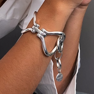 Chunky infinity Uno de 50 style silver bracelet, shiny adjustable heavy bracelet, O ring clasp statement cuff, massive bracelet, women gift