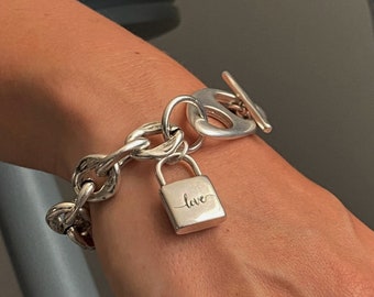 Massive link chain padlock bracelet, chunky love locket charm bracelet, womens bold chain statement bracelet, valentines gift, gift for her