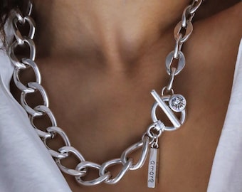 ¡NUEVO! Collar con cadenas Swarovski, gargantilla de cadena barbada, collar grueso de plata antigua, collar llamativo de plata oxidada, estilo Uno de 50