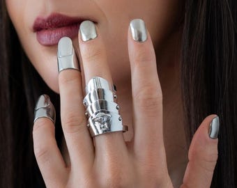 Anillo articulado extra ancho de plata con efecto llamativo: Anillo articulado de estilo steampunk atrevido, tallas 7 y 8 (EE. UU.)