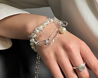 Glam Rock Style Silver Safety Pin Bracelet• Statement Cream Pearls Adjustable Wristlet• Multi Pins Bracelet  by AnAngelsHug•  Birthday Gift