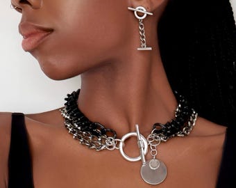 Chunky Black and Silver Multi Strand Necklace: Toggle Clasp Dangle Disc Layered Chains Choker
