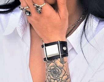Large bracelet en cuir épais en métal, bracelet de style punk rock, manchette industrielle en argent, bracelet de style glam rock, cadeau pour femme
