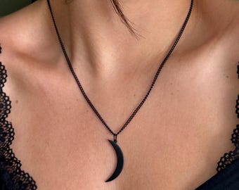 Black Statement Lunar Charm Necklace: Minimal Everyday Wear Half Moon Pendant