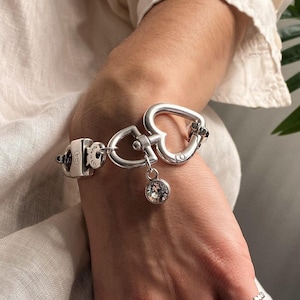 Pulsera de acero inoxidable con candado Swarovski, pulsera de cadena de eslabones ovalados, pulsera con colgante de cristal, brazalete con cierre a presión en forma de corazón grande, regalo para mujer