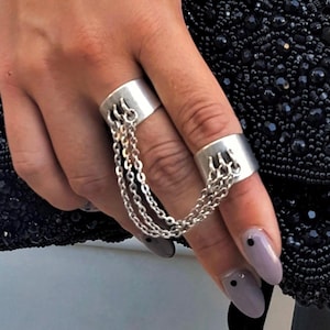 Juego de anillos de cadena conectados, juego de anillos de nudillos de triple cadena de plata antigua, juego de anillos apilables de cadena de múltiples anillos, anillo de cadena doble ajustable