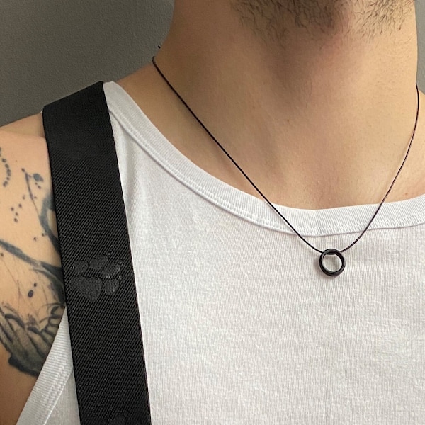 Mens minimal geometric necklace, black hexagon pendant, leather metal unisex circle necklace, six sided round shape pendant, black jewelry