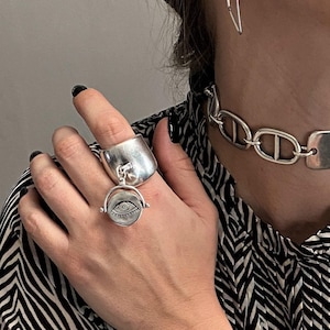 Giant EVIL EYE ring, statement padlock with key ring, heavy massive antique silver ring,big silver plated locket with key ring, womens gift